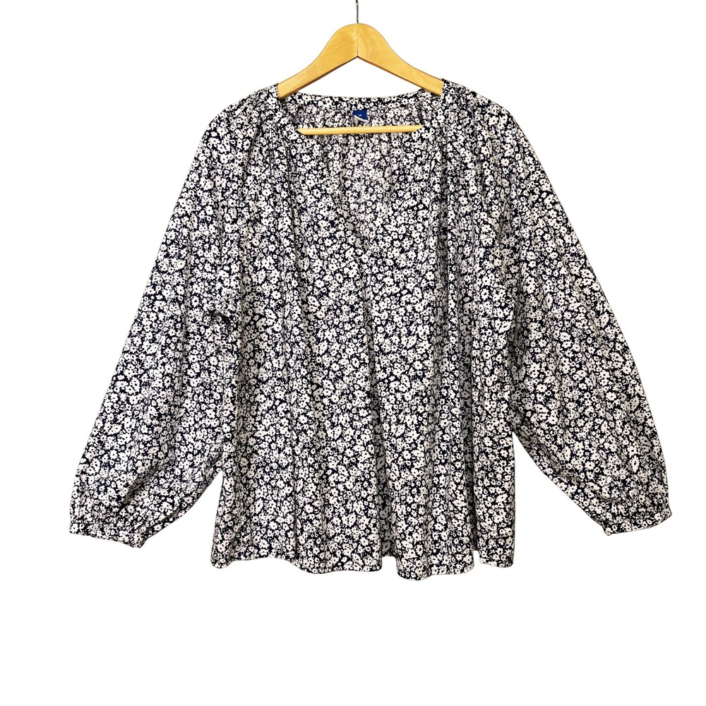 Old Navy Womens Bishop Sleeve‎ V Neck Floral Top Size 2X Blue White Boho Poplin